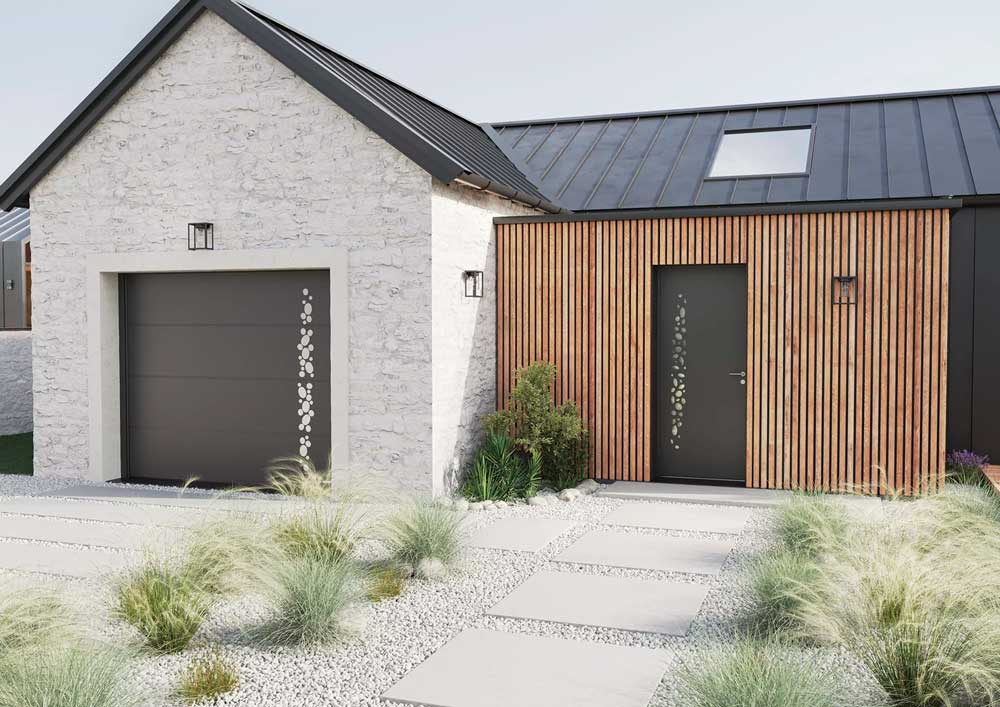 une façade de maison moderne avec une porte de garage et une porte d'entrée aux designs coordonnés
