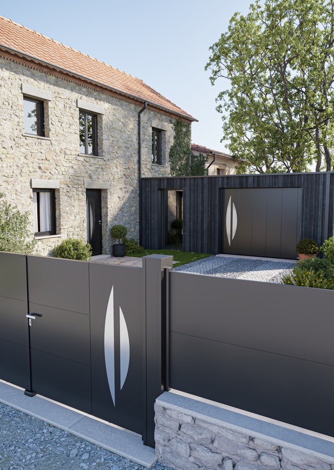 maison avec un portail, une porte de garage et une porte d'entrée coordonnée moderne