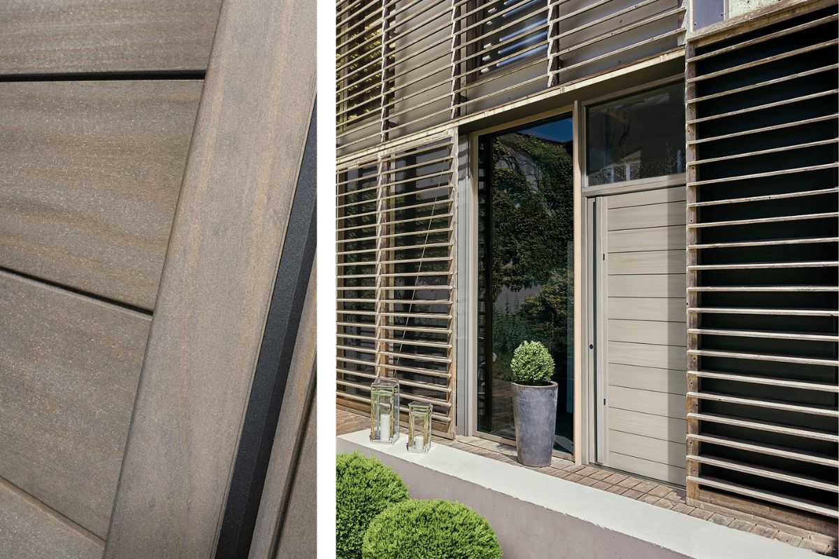 porte d'entrée pérenne en bois 100 abosolu finition gris lunaire sur une maison originale