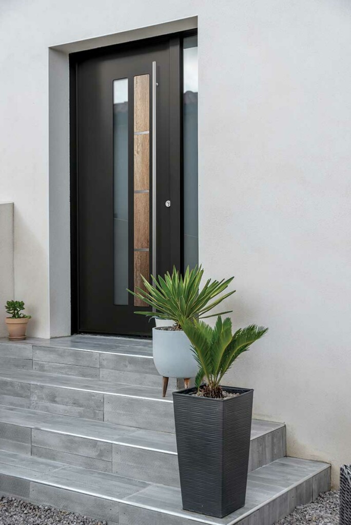 porte d'entrée contemporaine avec un vitrage et un décor ton bois