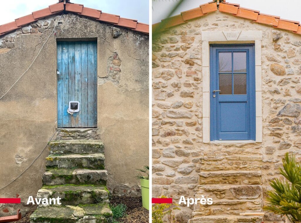 avant après rénovation d'une porte d'entrée en bois