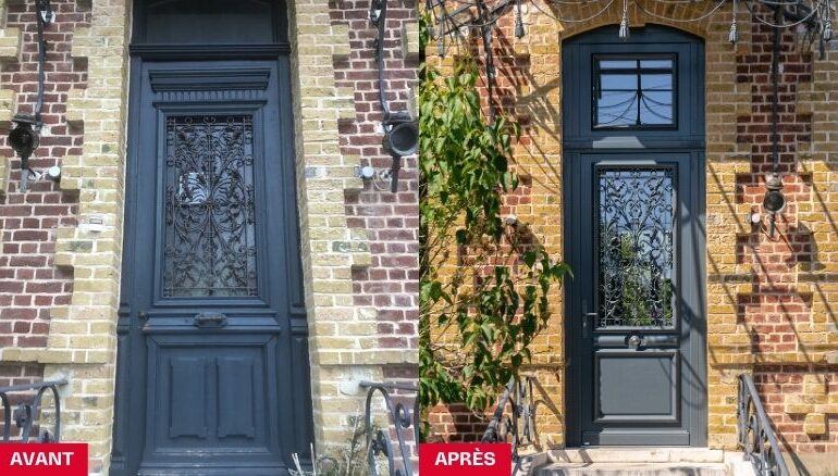 avant après rénovation porte d'entrée en bois sur mesure style traditionnel