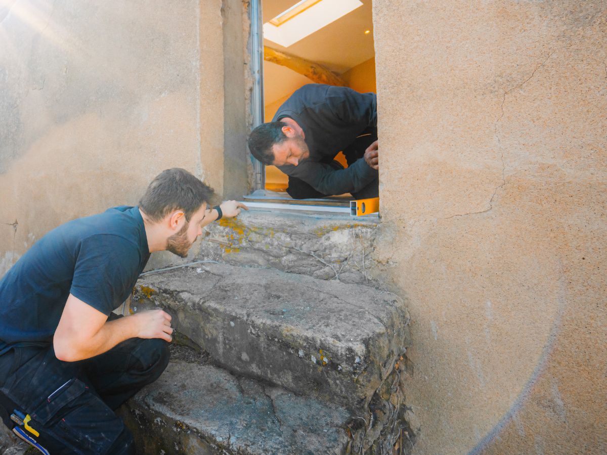 installateurs d'une porte d'entrée qui prennent des mesures