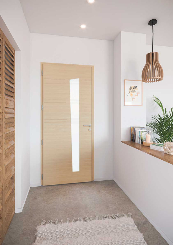 intérieur d'une maison moderne avec une porte d'entrée mixte avec intérieur bois