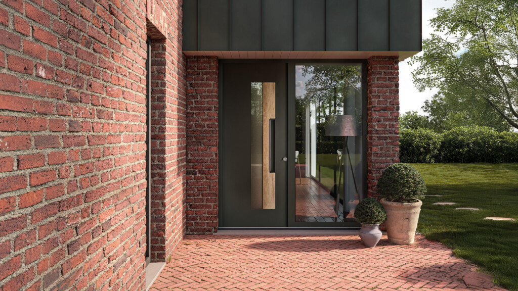 porte d'entrée acier moderne sur une maison contemporaine